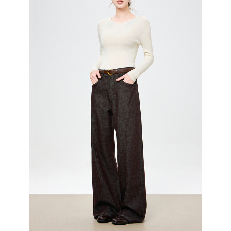 Soneto Xviii Old Money Style Melard Brown Coffee Color Straight Wide-Leg Jeans for Women with Fine Glitter Patchwork Slimming Effect Soneto Xviii Old Money Style Melard Brown Coffee Color Straight Wide-Leg Jeans for Women with Fine Glitter Patchwork Slimming Effect