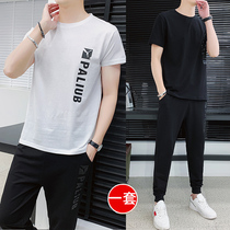Mens ice silk suit summer short-sleeved youth sports casual collocation handsome 2021 summer new mens fashion trend