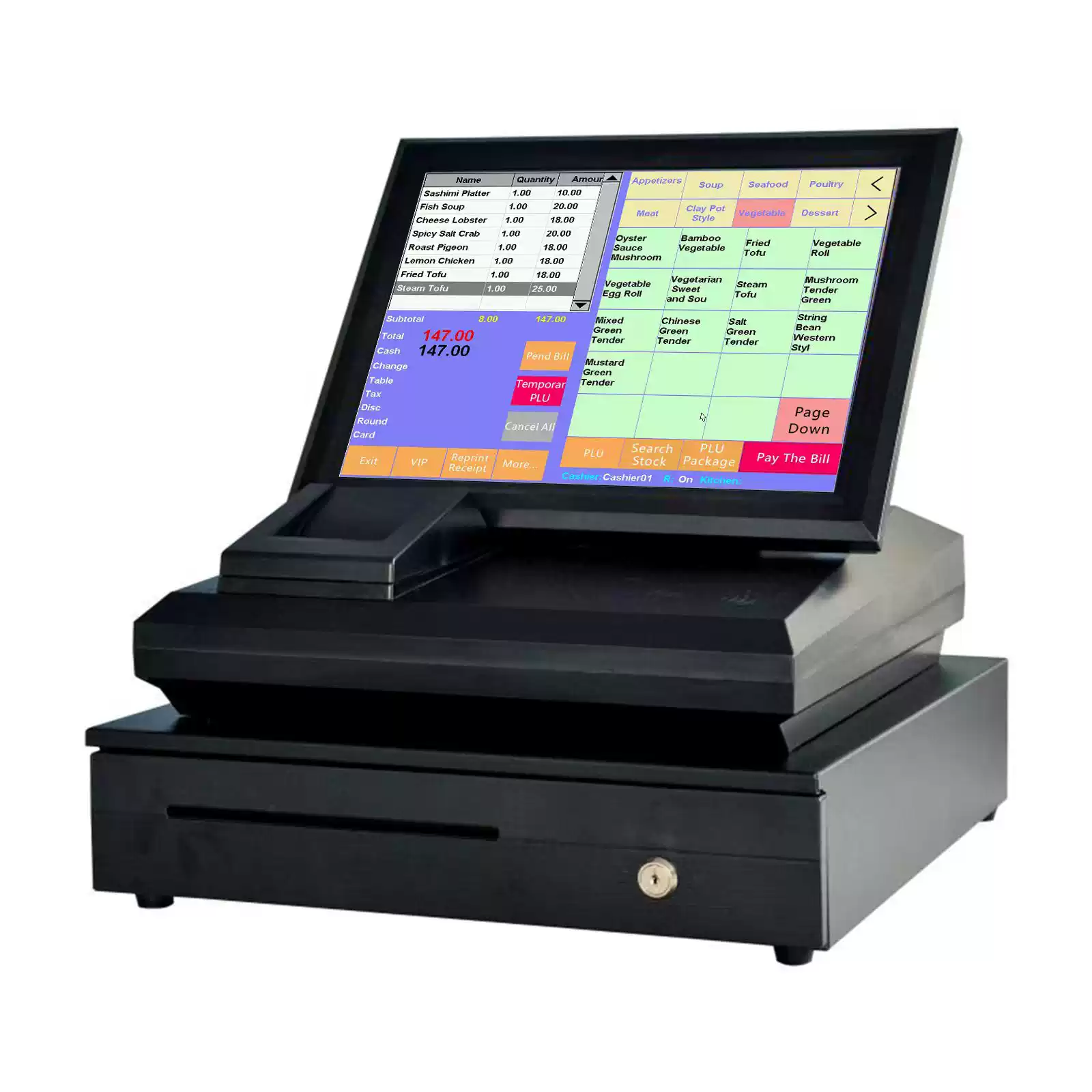 英文版触屏收银机15寸收银系统自带打印钱箱一体