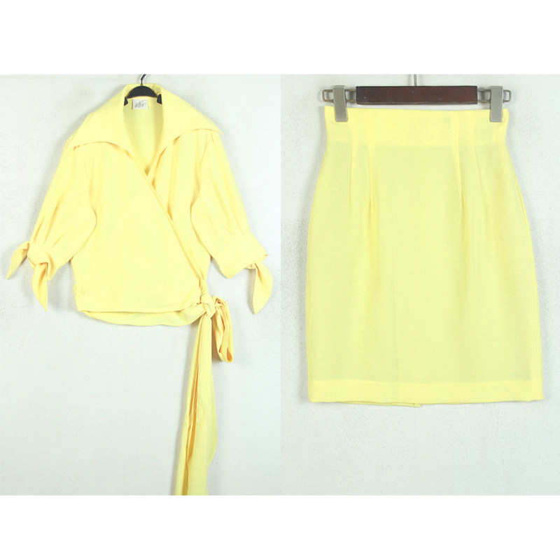 春夏装孤品复古日本中古着vintage鹅黄色飘带裹身两件套装套裙-淘宝Taobao | 天猫Tmall