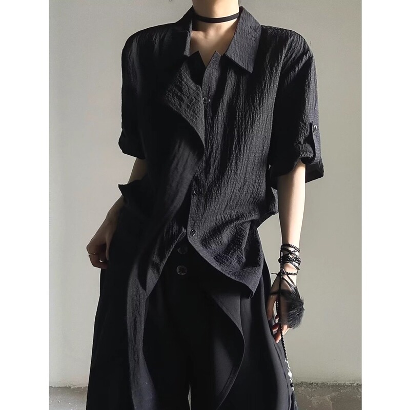 Ascetic Style Ribbon Scarf Shirt for Men, Wrinkled Texture, Loose Short-Sleeved Black Warrior French Jacquard Cuff Shirt