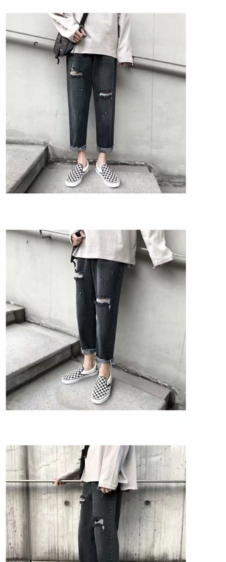 Quần cá tính nam vá lỗ quần jeans nam thủy triều thương hiệu hip-hop chín điểm Quần cũ lỏng quần thẳng - Quần jean quần tây nam
