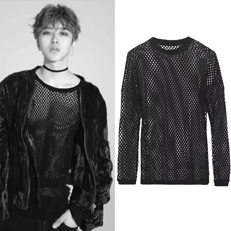Mesh Hollow-Out Knitwear for Men, Fishnet Loose Long-Sleeved Blouse, Sexy See-Through Stage Performance Clothing, Nightclub Mesh Shirt