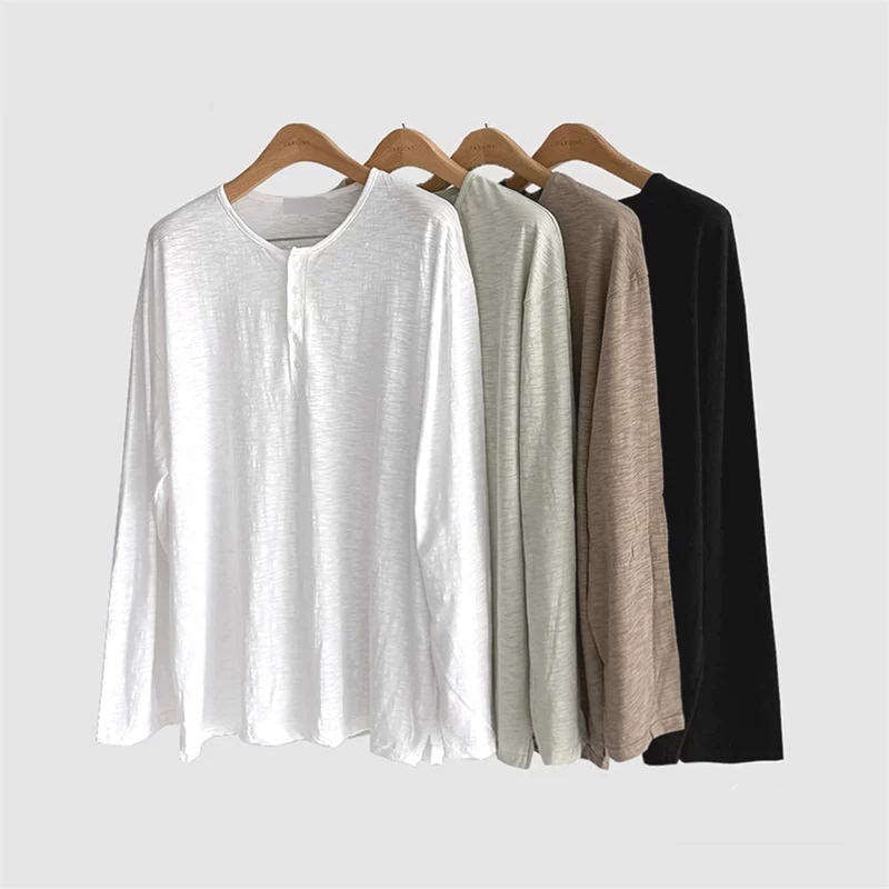 European-Style Bamboo Cotton Tencel Sweatshirt for Men, Lightweight and Slightly See-Through, Henry Collar T-Shirt, Cool and Breathable, Half-Open Collar Sun Protection Cover-Up