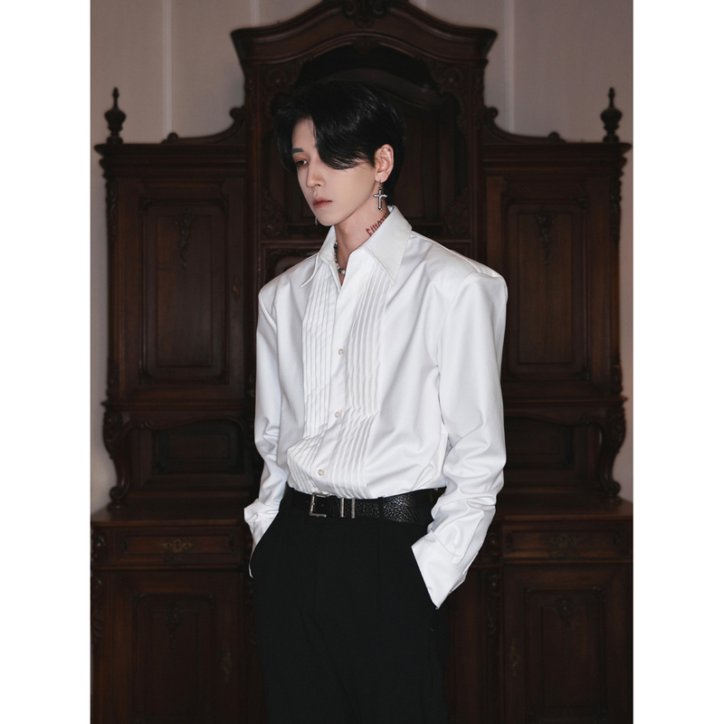 French-Style Noble Pleated Design Shirt for Men, Palace-Style Loose Long-Sleeved Art Student Organ Dress White Shirt Trendy