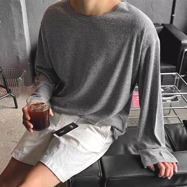 Casual U-Neck Sweatshirt for Men, Lightweight Linen Blend Long-Sleeve Pullover, Relaxed Low-Neck Knit T-Shirt
