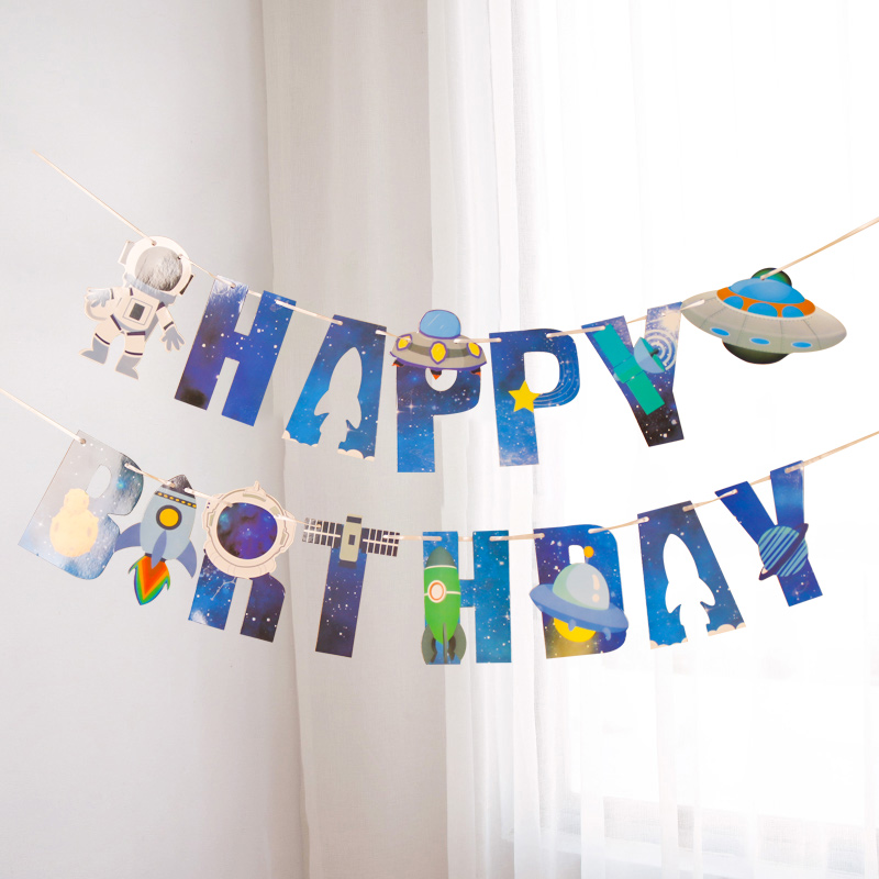 Spaceman banner theme spaceman rocket ship boy birthday party scene layout bunting decoration pull flag