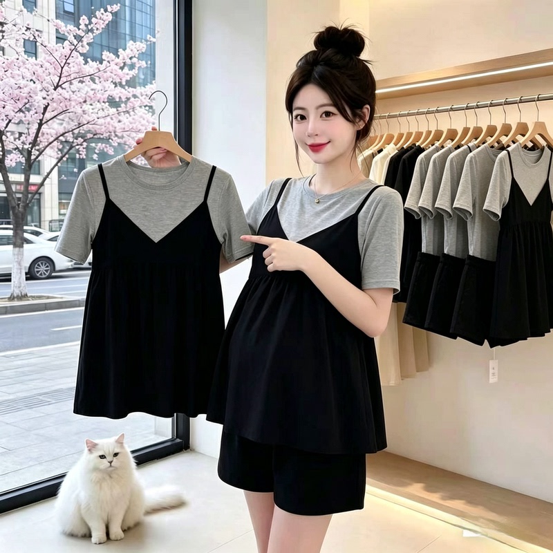 Maternity Tops Summer Set Short-Sleeved Stylish Belly-Covering Patchwork Fake Two-Piece T-Shirt Babydoll Shirt Shorts Two-Piece Set