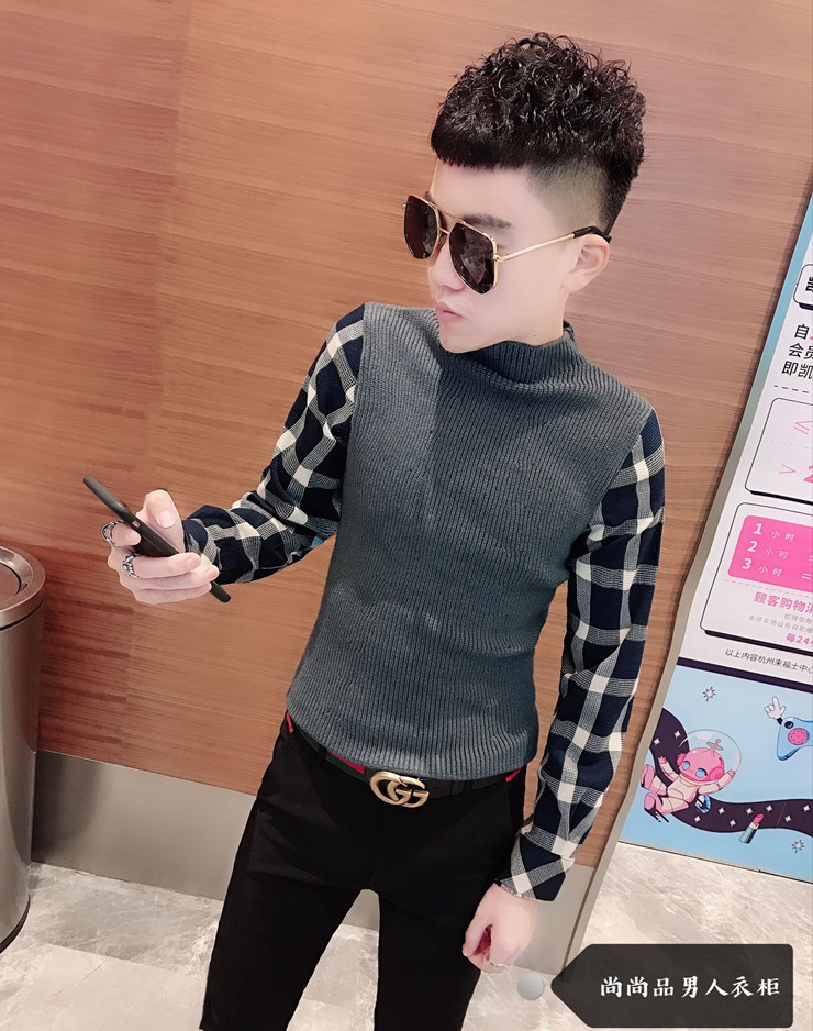 Áo len nam mùa đông 2018 mới cổ cao nửa cổ giả giả áo hai dây mỏng thời trang Hàn Quốc kẻ sọc ao len nam