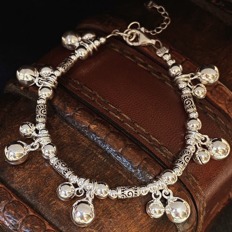 Original Design Two-Piece S925 Silver Bell Bracelet That Rings, Handmade Silver Bracelet for Women, Pure Silver Bead Bracelet