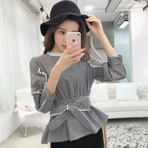 2021 early spring Korean version of womens slim hipster top lace-up shirt womens long sleeve waist slim plaid shirt