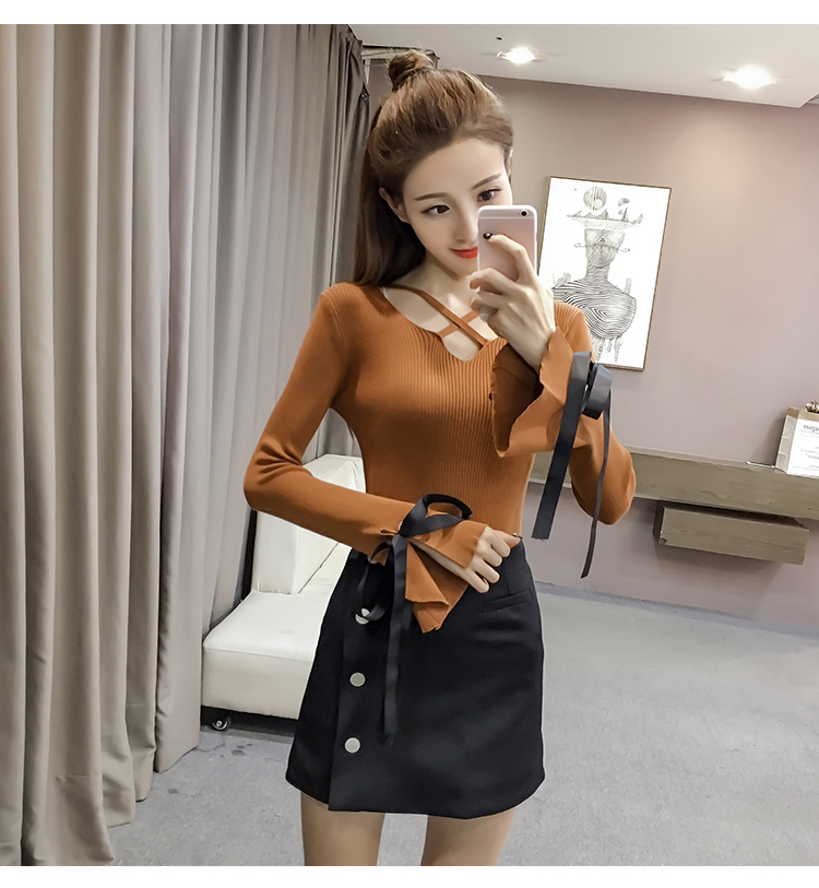 Mùa xuân mới thời trang chéo V-cổ tay áo nơ thắt nơ áo len màu rắn dài tay áo len thời trang nữ