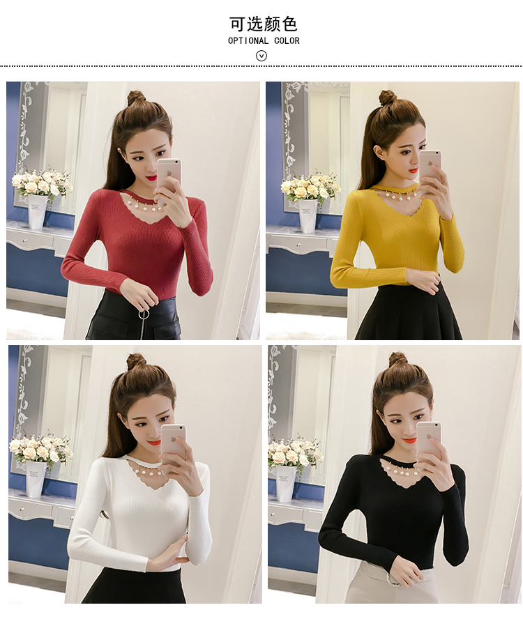Áo cổ chữ V mới 2018 đính cườm cộng với áo len dày nhung mỏng, áo len dài tay màu đen áo len đỏ