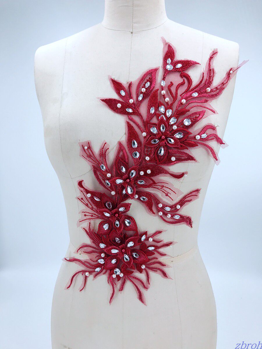 Wine Red Solid Lace Embroidered Nail Pearl Water Drill with florian lace gown acting out of the dance suit Decorative Accessories