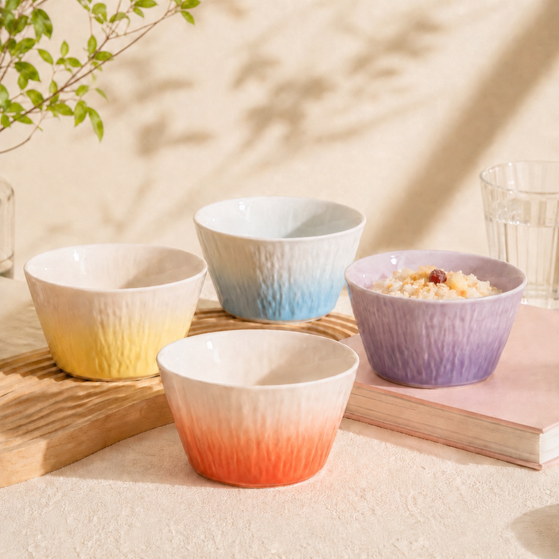 Dopamine Gradient Color Ceramic Bowl, Household Rice Bowl, High-Value Tableware, Underglaze Color Bowl and Plate Set, Soup Bowl, Noodle Bowl