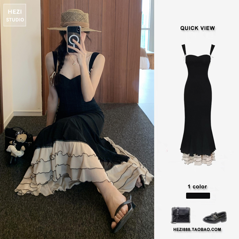 French Hepburn Style High-End Ruffled Elegant Fishtail Long Dress Seaside Vacation Style Black Spaghetti Strap Dress Summer