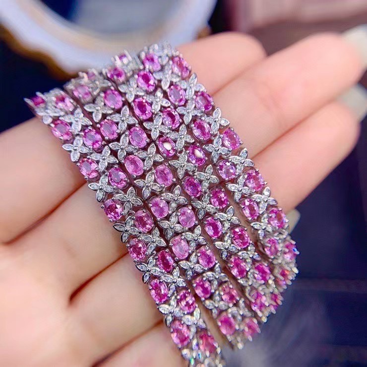 New Flash Sale Natural Pink Sapphire Bracelet Padparadscha Sapphire 925 Sterling Silver Double Row Gemstone Bracelet