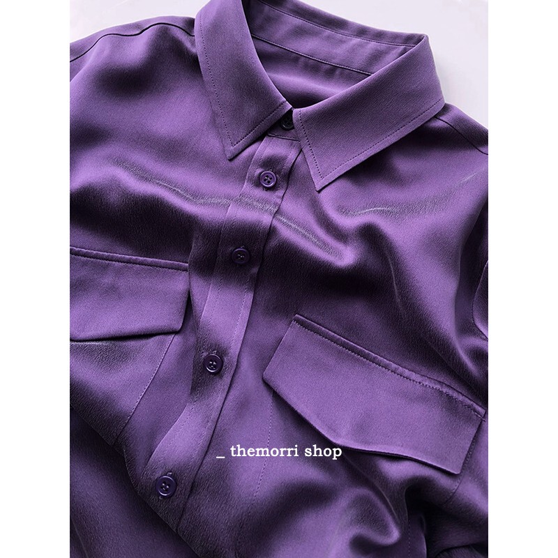 Trendy Blackcurrant Purple Double-Pocket Silk Shirt for Women, New Spring Collection, Heavy Sand-Washed Plain Crepe Satin Mulberry Silk Blouse