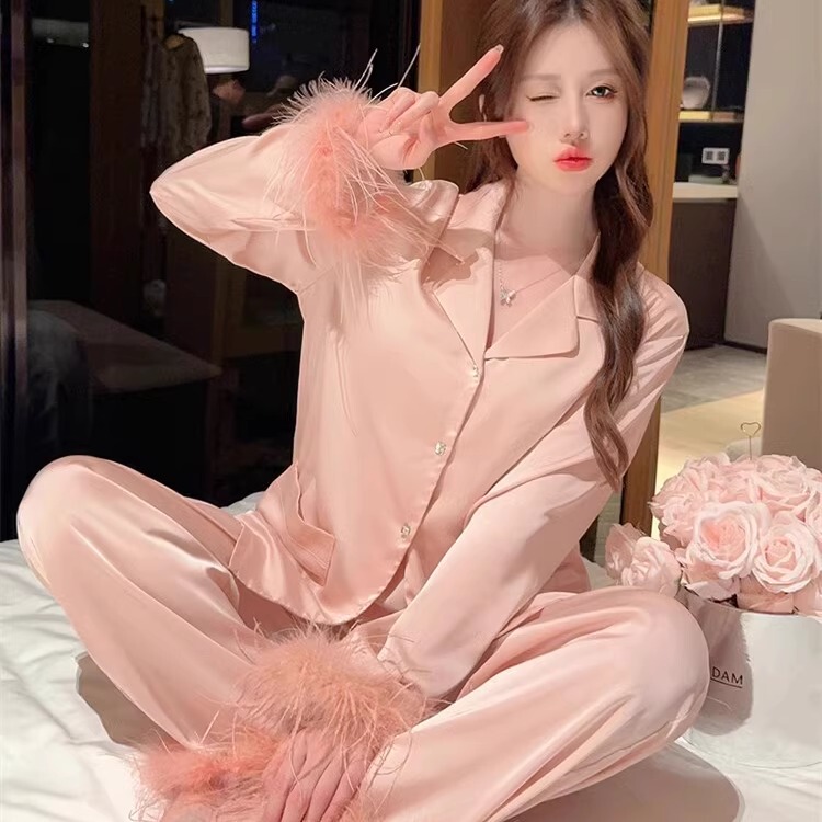 Silk Pajamas for Women, Spring and Autumn 2025 New Style, High-End Ice Silk Satin Feather Sleeve Loungewear Set, Can Be Worn Outside