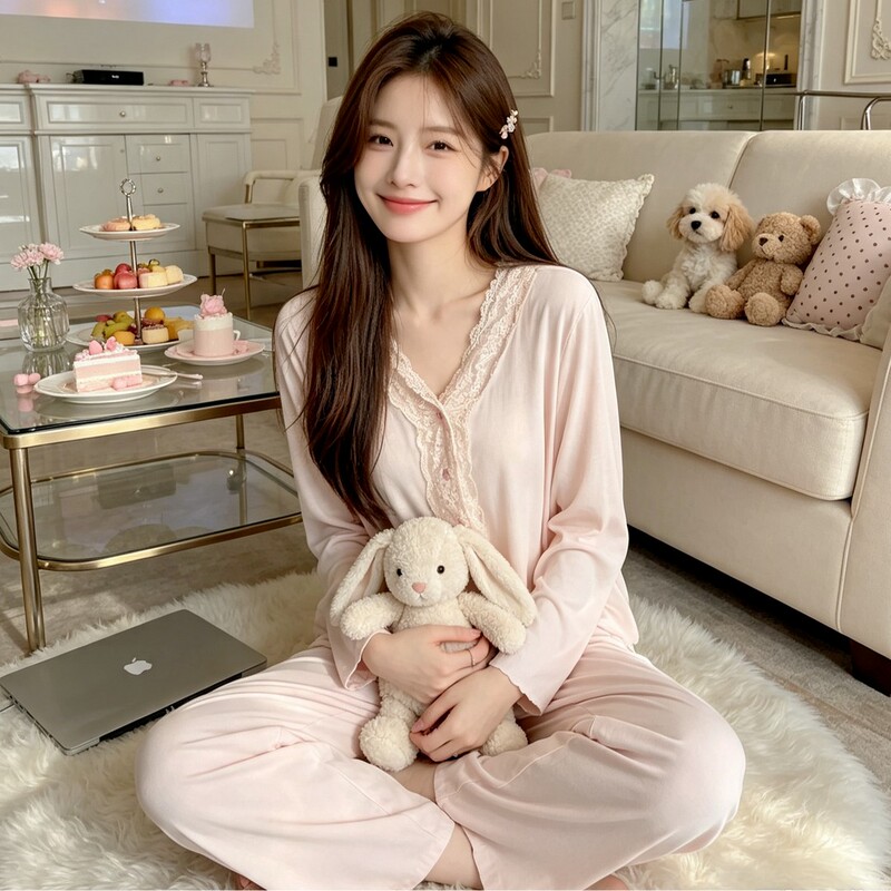 Pajamas with Breast Pads for Women 2026 New Summer Modal Cotton Sweet Pink Long-Sleeved Pants Home Wear Set Pajamas with Breast Pads for Women 2026 New Summer Modal Cotton Sweet Pink Long-Sleeved Pants Home Wear Set