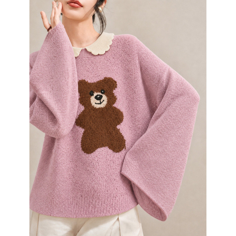Flowing Era Pink Bear Print Pullover Sweater Autumn Lazy Style Doll Collar Knitwear for Women