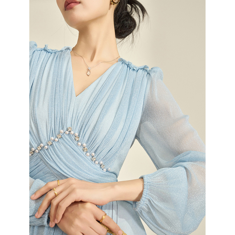 Flowing Era French Light Luxury Niche Unique Blue Pearlescent V-Neck Long-Sleeve Waist-Cinching Dress for Women Spring