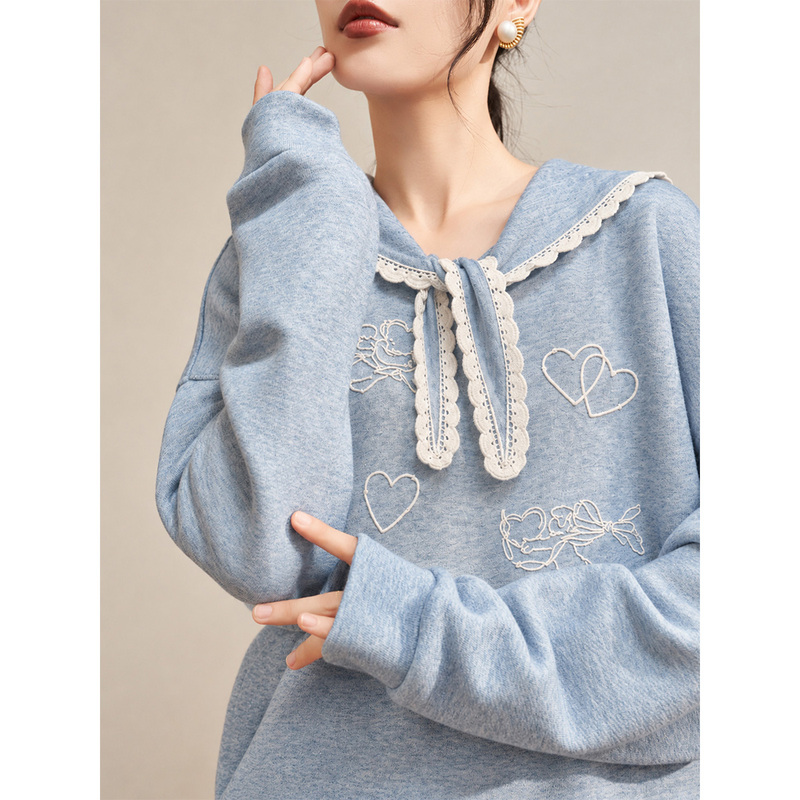 Flowing Era Blue Lace Trim Sailor Collar Tie Heart Embroidery Sweatshirt for Women Autumn Korean Style Outfit