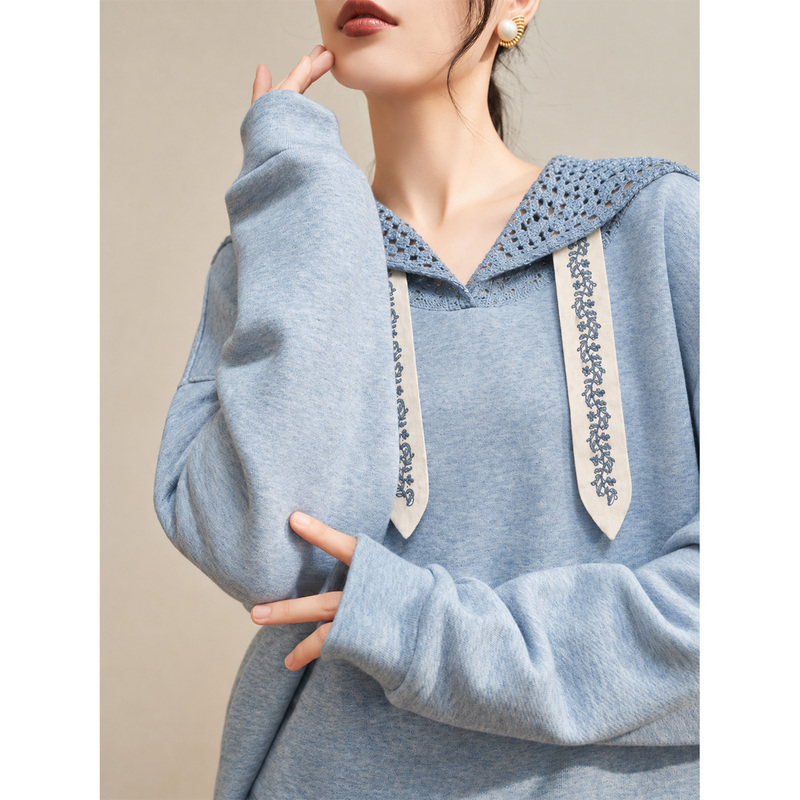 Flowing Era Blue Cut-Out Sailor Collar Embroidered Ribbon Drawstring Korean Style ins Designer Top for Women in Autumn