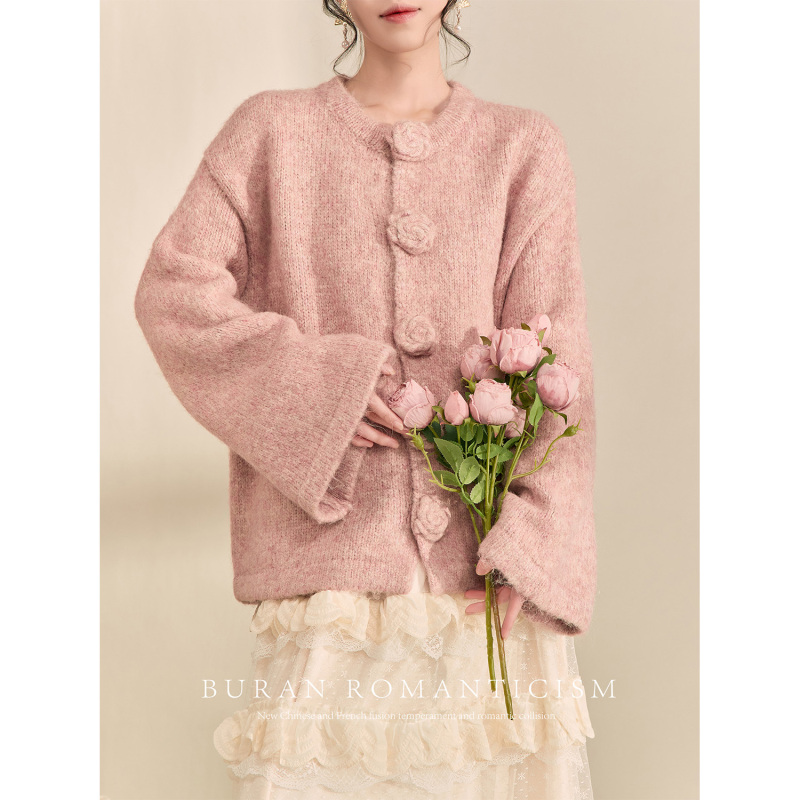 Flowingera Sweater with Elegant Hand-Crocheted Pink Roses, Lazy and Loose Fit, Slimming and Super Pretty Knitted Jacket