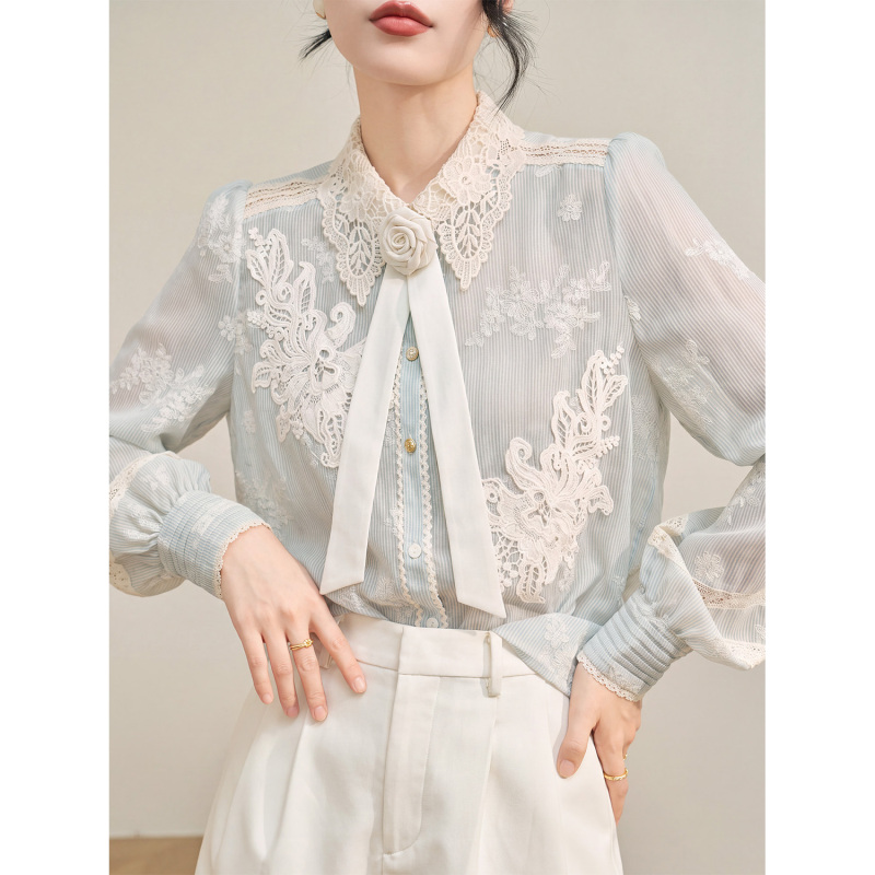 Flowing Era French-Style Elegant Blouse for Women with Heavy Embroidery, Lace, and Three-Dimensional Floral Long-Sleeve Shirt for Autumn Flowing Era French-Style Elegant Blouse for Women with Heavy Embroidery, Lace, and Three-Dimensional Floral Long-Sleeve Shirt for Autumn