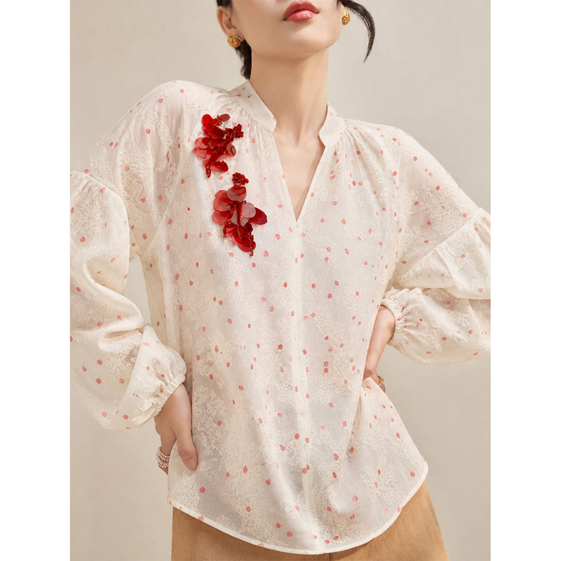 Flowing Era New Chinese Style Lace Jacquard Polka Dot Top Women's Clothing 2026 New Autumn Embroidered Long Sleeve Shirt