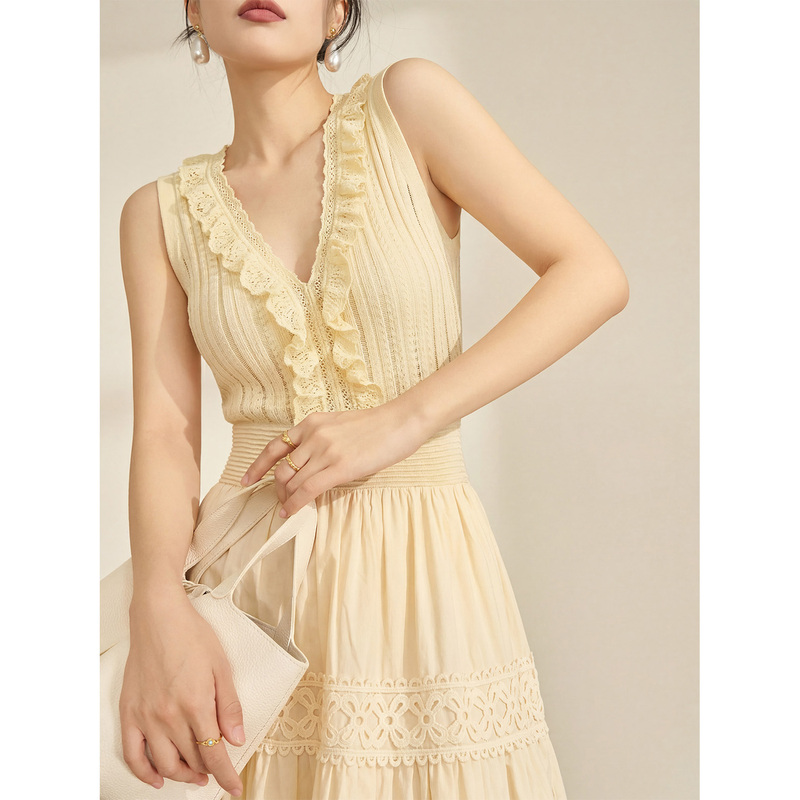 Flowing Era French-Style Knitted Patchwork Waist-Cinching Embroidered Dress for Women, Summer V-Neck Tank Dress, Elegant Long Dress