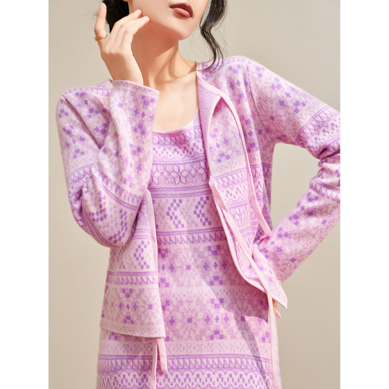 Flowing Era Purple Ribbed Jacquard Lace-Up Knitted Cardigan Jacket Vest Dress High-End Suit
