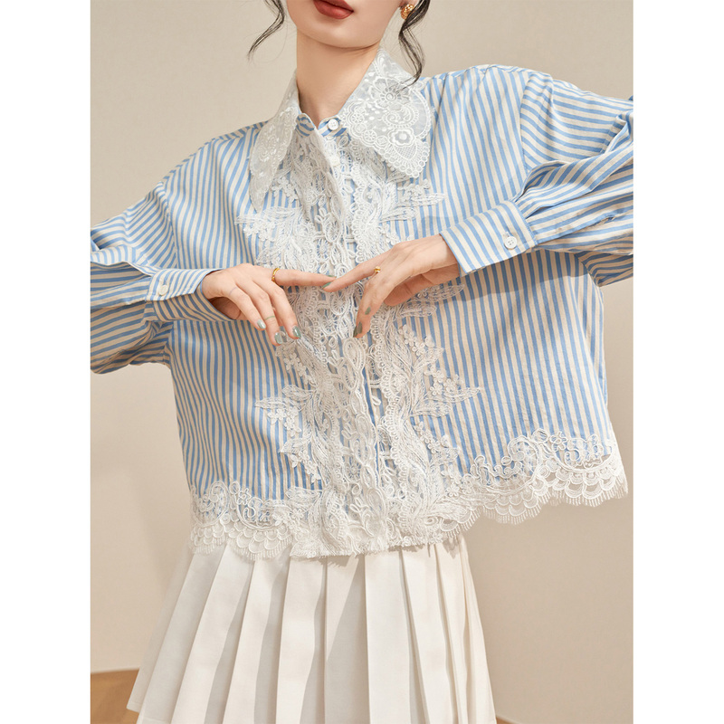 Flowing Era Summer French Heavy Lace Embroidery Patchwork Blue Vertical Striped Long-Sleeve Sun Protection Shirt for Women Flowing Era Summer French Heavy Lace Embroidery Patchwork Blue Vertical Striped Long-Sleeve Sun Protection Shirt for Women