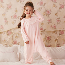 RoseTree childrens one-piece pajamas womens autumn and winter anti-kicking cold anti-belly cool female baby coral velvet home clothing