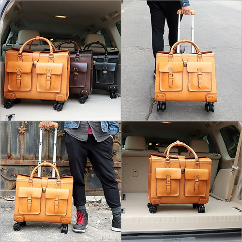 Ретро кожаный универсальный портативный чемодан на колесиках, из натуральной кожи, 19 дюймов