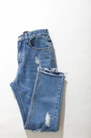 Bộ ria mép mới của Hàn Quốc 2108 Phụ nữ mới mặc bị hỏng 9 điểm denim jeans BF thẳng quần jean nữ xịn