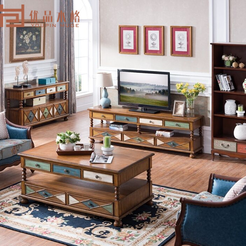 American solid wood retro TV cabinet coffee table combination Nordic Mediterranean living room storage video cabinet coffee table set