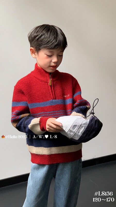 2026 Autumn/Winter Children's Half-Zip Sweater Striped Retro Boys and Girls Versatile Base Layer Knitwear