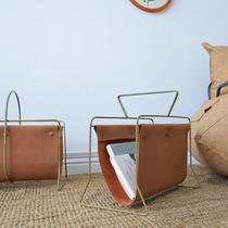 Nordic newspaper rack metal leather magazine rack light luxury floor newspaper shelf living room creative storage newspaper rack
