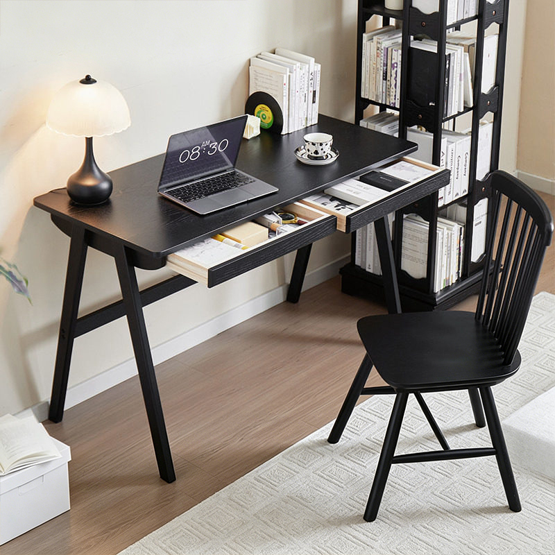 Medieval-Style Solid Wood Desk for Home Use, Simple with Drawers, Black Office Oak Workbench, Children's Study Desk, Writing Desk