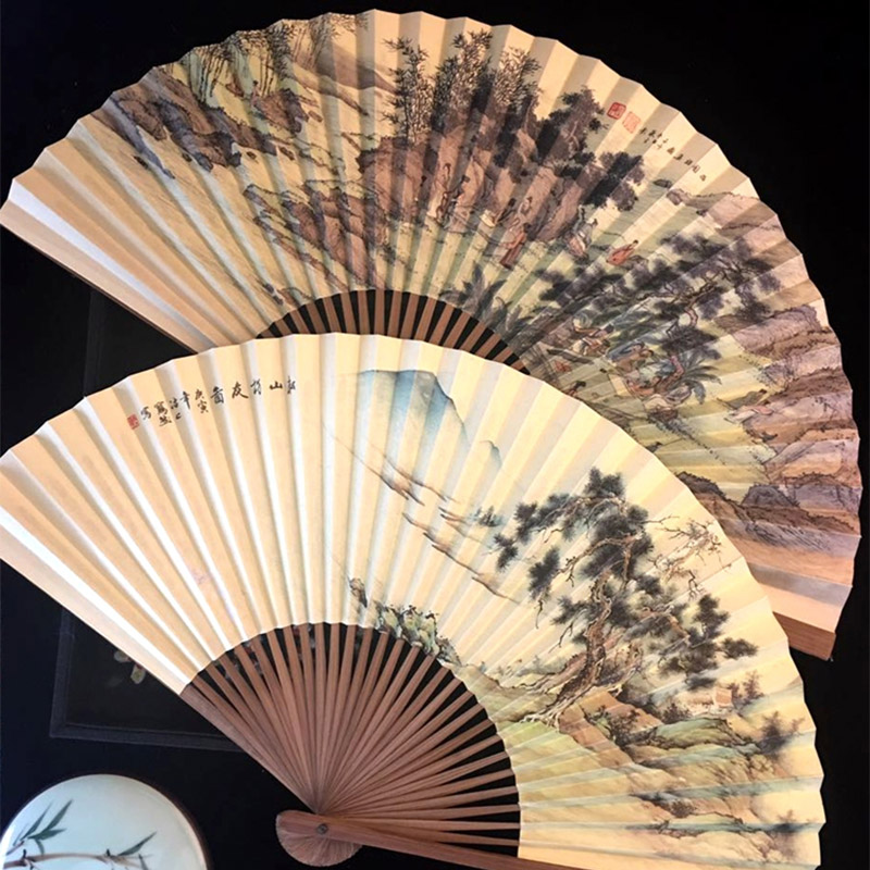 Chinese wind 8 inch folding fan 30 square sided string landscape painting paper fan for men's folding fan poetry ancient wind ink retro