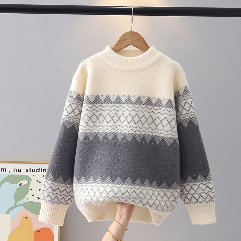 Boys' Knitted Sweater with Fleece Lining, 2025 Winter New Thickened Winter Sweater, Children's Knitwear for Older Boys