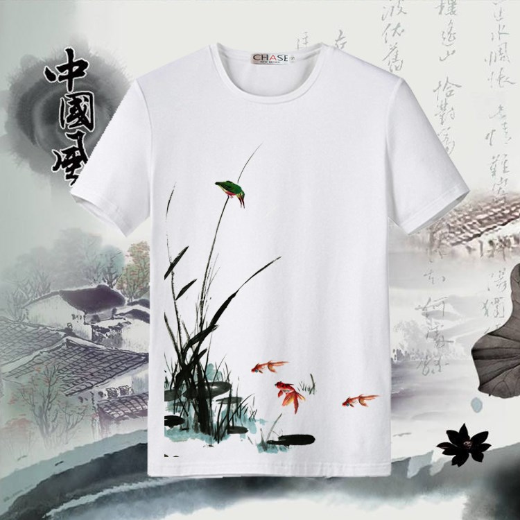 Chinese style National landscape freehand landscape clothes Elegant literary shirt Ink painting Short sleeve T-shirt half sleeve men's and women's summer