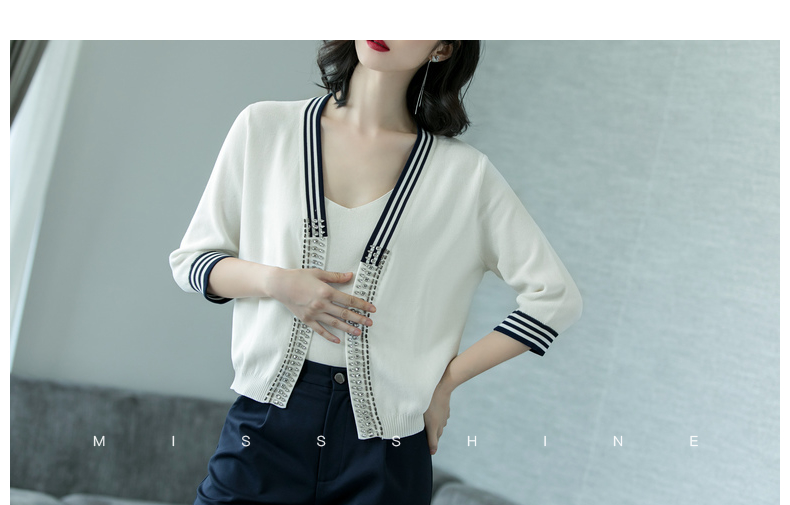 Mi siyang 2018 mùa thu mới tính khí trắng mỏng là mỏng bảy- điểm tay áo đan chiếc áo đan len ngắn áo khoác nữ áo cardigan nữ