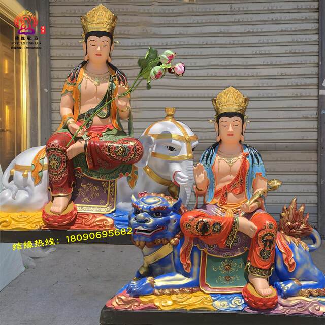 Manjushri and Samantabhadra Bodhisattva Buddha Statues, Five Directions Manjushri, Ten Directions Samantabhadra, Confucian Manjushri, Resin, Fiberglass, Bronze Sculpture Ornaments