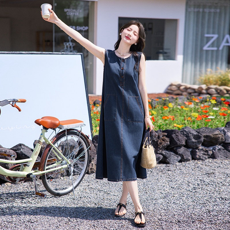 Hong Kong Style Retro Denim Vest Dress for Women 2026 Summer Thin Loose Casual Elegant Slimming Sleeveless Long Dress