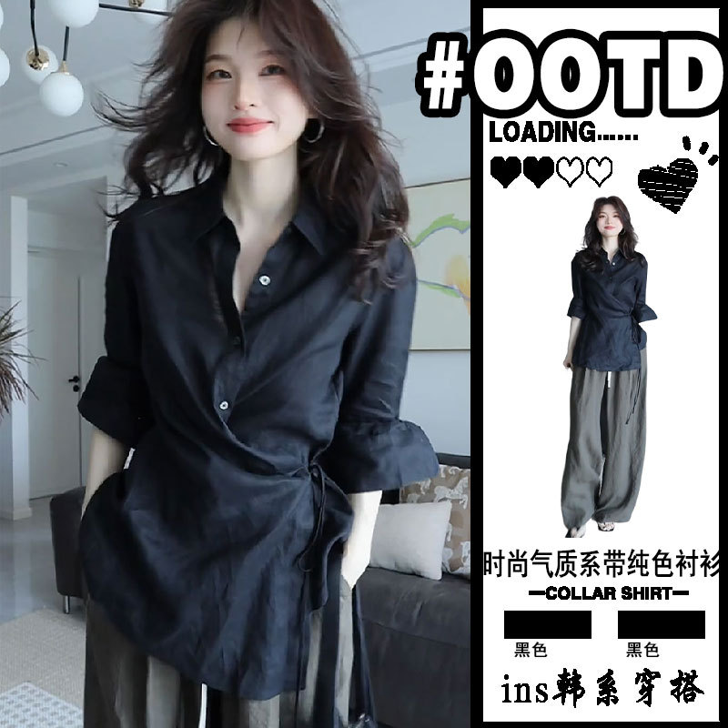 Korean Style Plus Size Waist-Cinching Linen Long-Sleeve Shirt for Women 2026 New Irregular Tie-Up Sun Protection Shirt Slimming Top