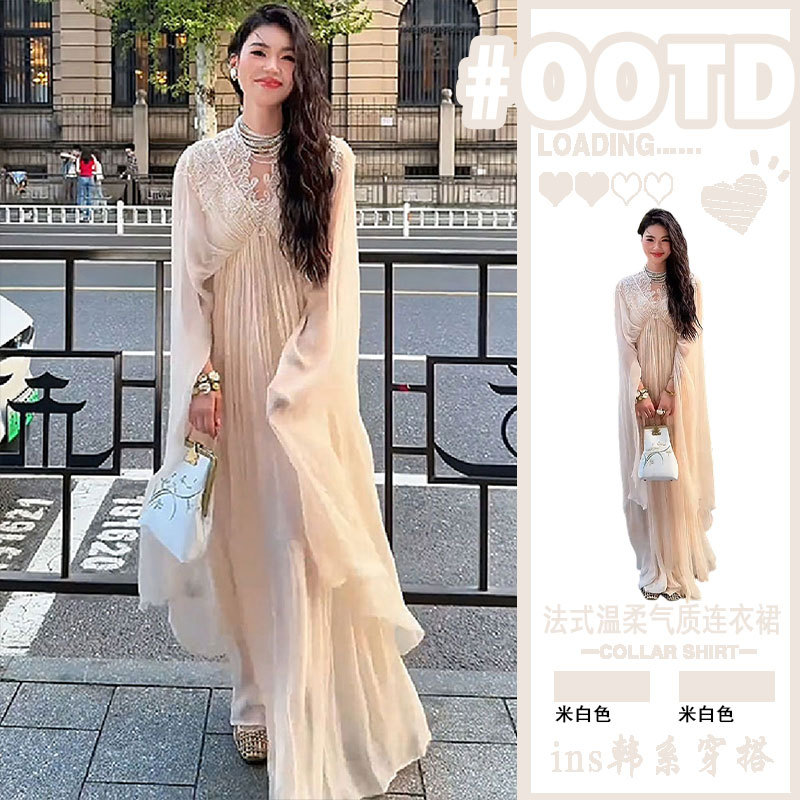 French Style Large Size V Neck Chiffon Cape Dress for Women 2026 New Style Lace Splicing Shirt Dress Pleated Flowing Long Skirt