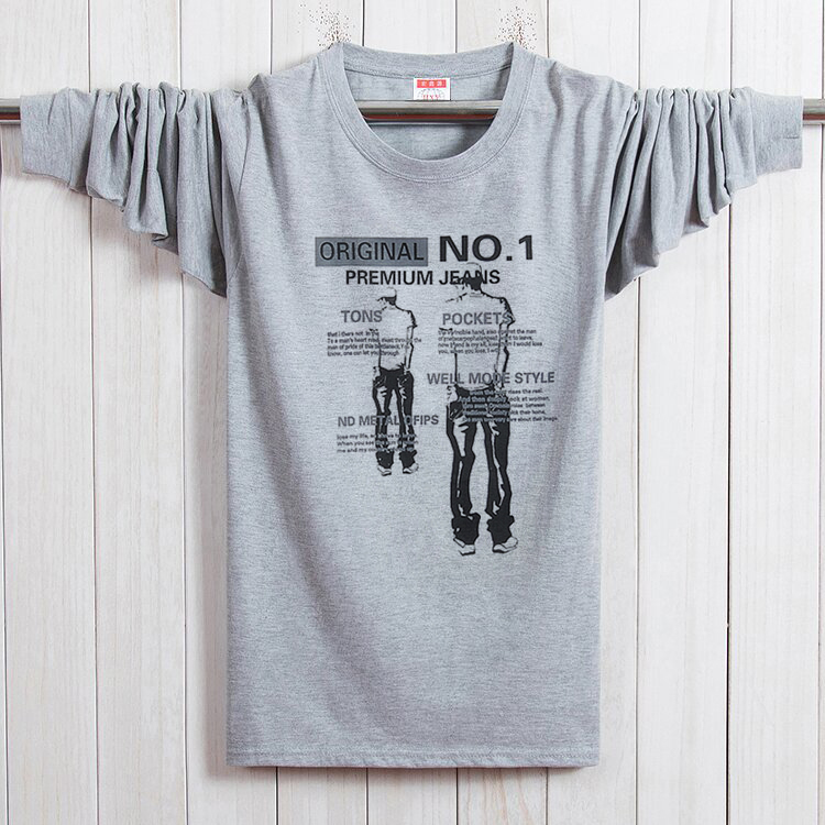 Áo thun nam tay dài cộng với phân bón XL thêm cotton cổ rộng rộng mút chất béo cotton mùa thu bên ngoài mặc áo thun đáy áo thun nam form rộng